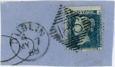 GB QV TWOPENNY BLUE AL MISSING VALUE Error Misperf USED in IRELAND on Piece