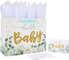 13" Large White Gift Bag Set with Greeting Card and Tissue Papers Gold Glitte...