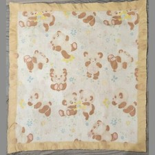 Vtg Acrylic Baby Blanket Bears Flowers Adorable Yellow Nylon Trim 39"x44" Faded