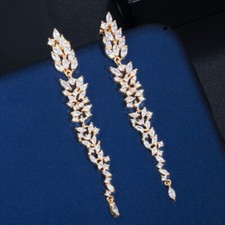 CWWZircons Cubic Zirconia Gold Long Leaf Dangle Drop Bridal Earrings for Wedding
