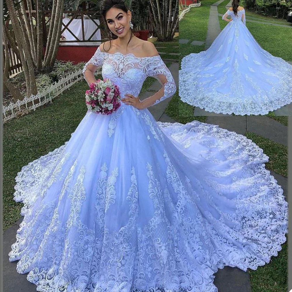 White Off the Shoulder Ball Gown Celebrity wedding Dress with Long Sleeves