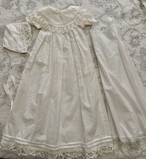 Beautiful Long White Cotton and Lace Christening Baptism Dress With Bonnet