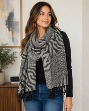 Silk Pashmina Scarf Wrap Shawl Black White Gray Animal Print Stripes Leopard