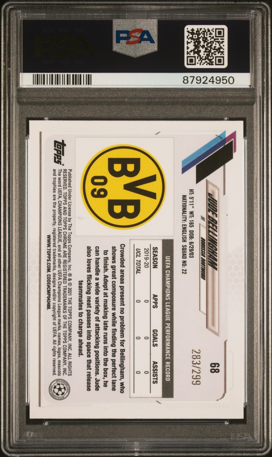 Jude Bellingham RC 2020 Topps Chrome Yellow Mini Diamond Refractor PSA 9 /299 view 2