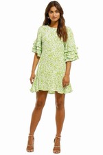 Faithfull The Brand Mini Dress Green Floral Ruffle Sleeve Mini Size 12 Au