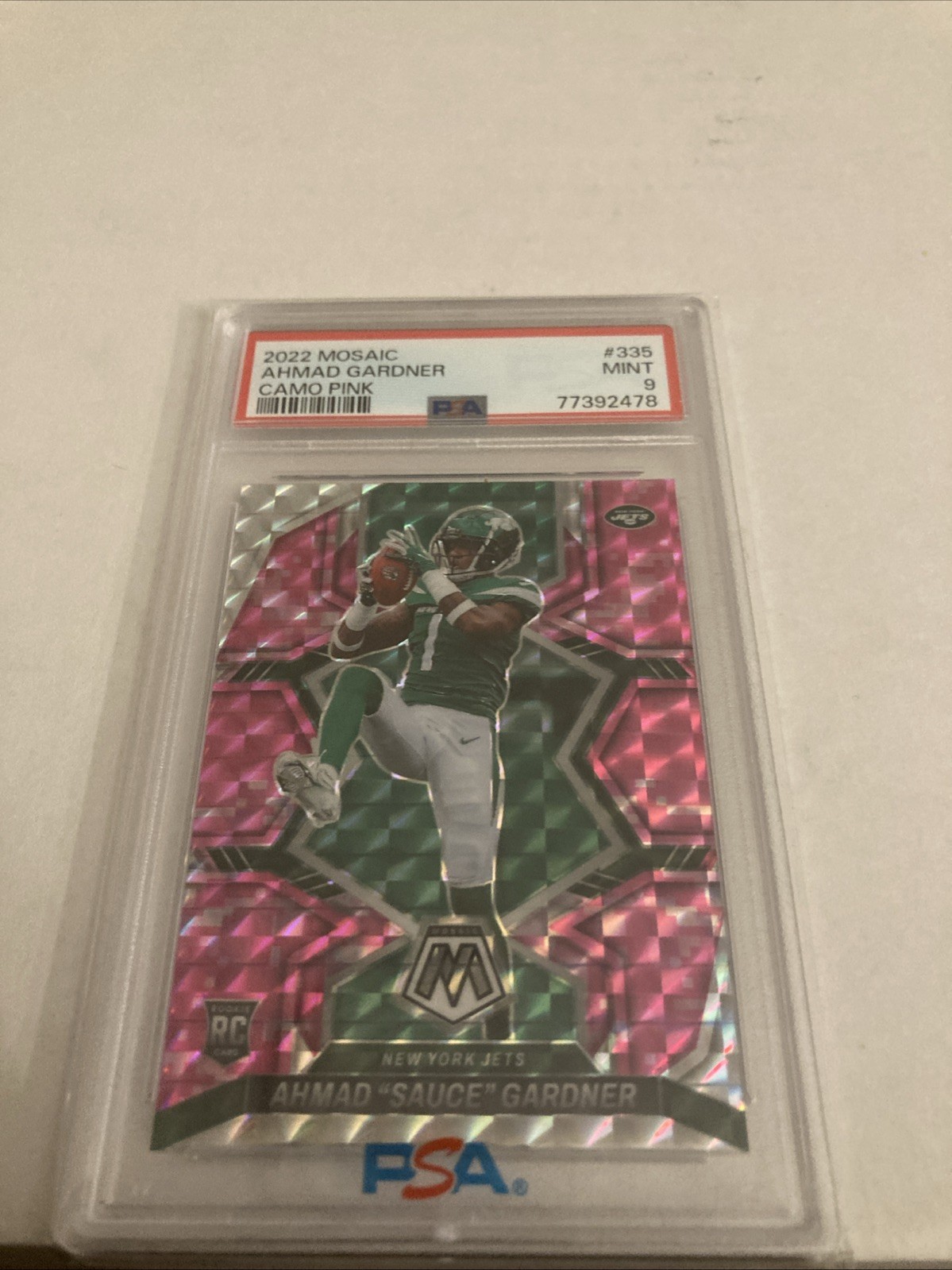 2022 Panini Mosaic - Rookies Ahmad Gardner #335 Camo Pink Mosaic Prizm PSA 9