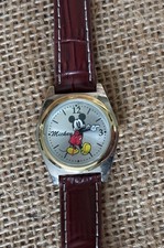 Vintage Disney Mickey Mouse Watch Brown Band Japan Movement Whimsical FOR PARTS