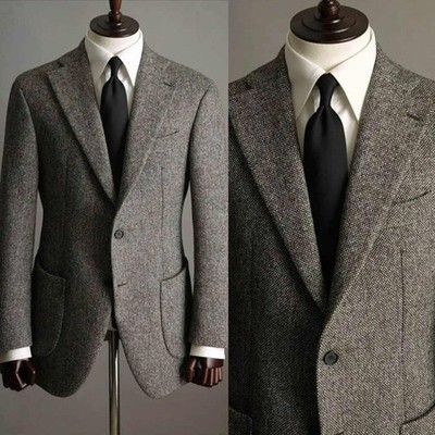 Men's Autumn Vintage Tweed Suit Single Breasted Warm Coat Classic Fit Jacket