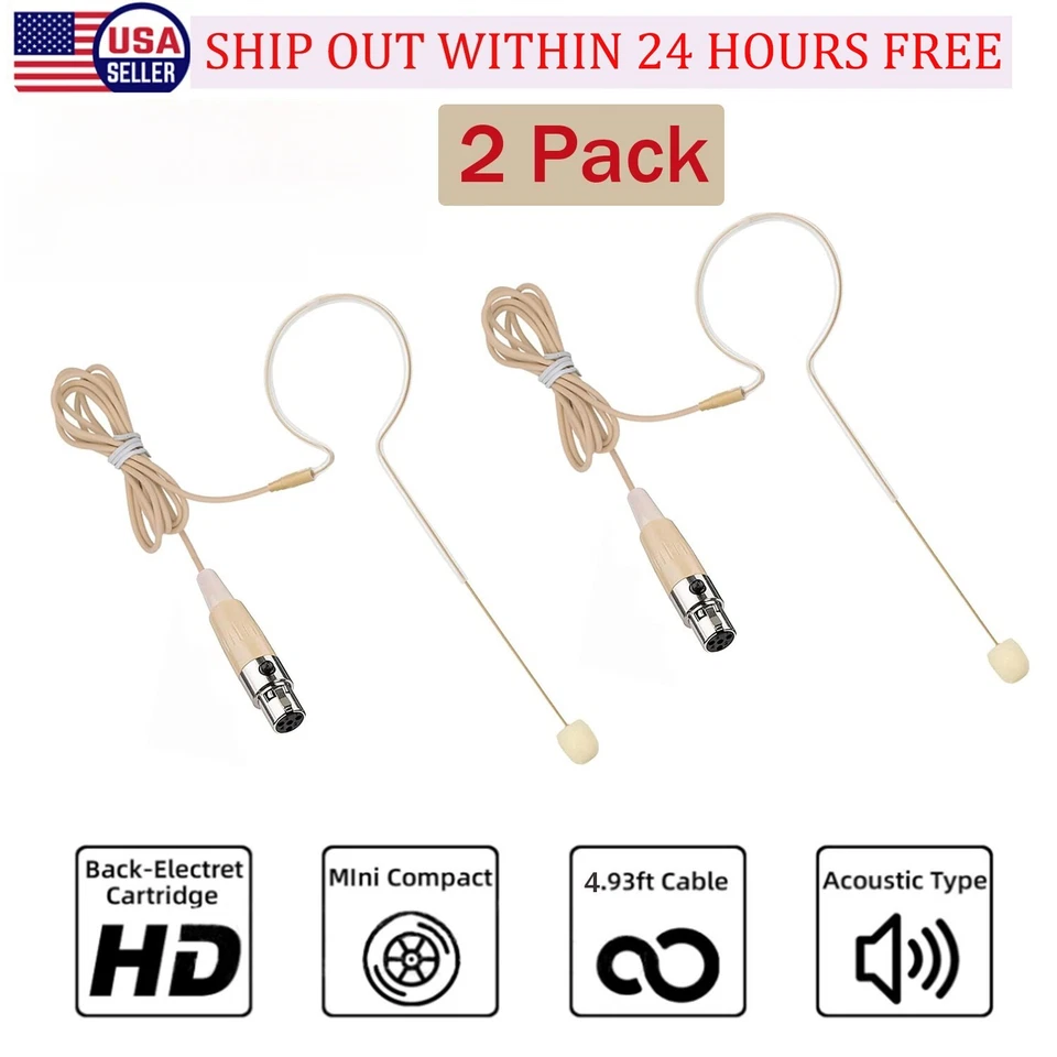 2x Beige Einzel Ohrbügel Headset Mini XLR Mikrofon für Shure Wireless-TA4F 4 Pin