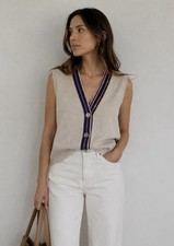 Autumn Cashmere Sleeveless Knit Vest Cream Multicolor Trim 100 Pure Cashmere