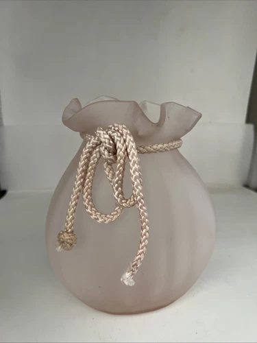 Frosted Pink Glass Ruffled Vase With Bow 8” Tall