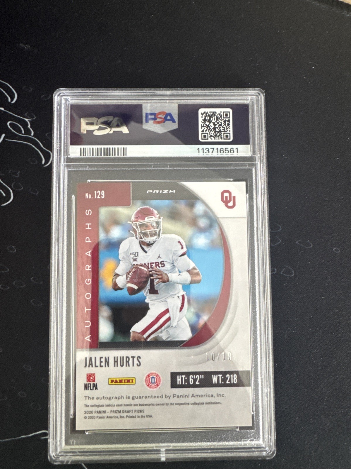 2020 Panini Prizm Draft Picks - Jalen Hurts #129 (RC) - Auto PSA 9 Green Ice /18 view 2