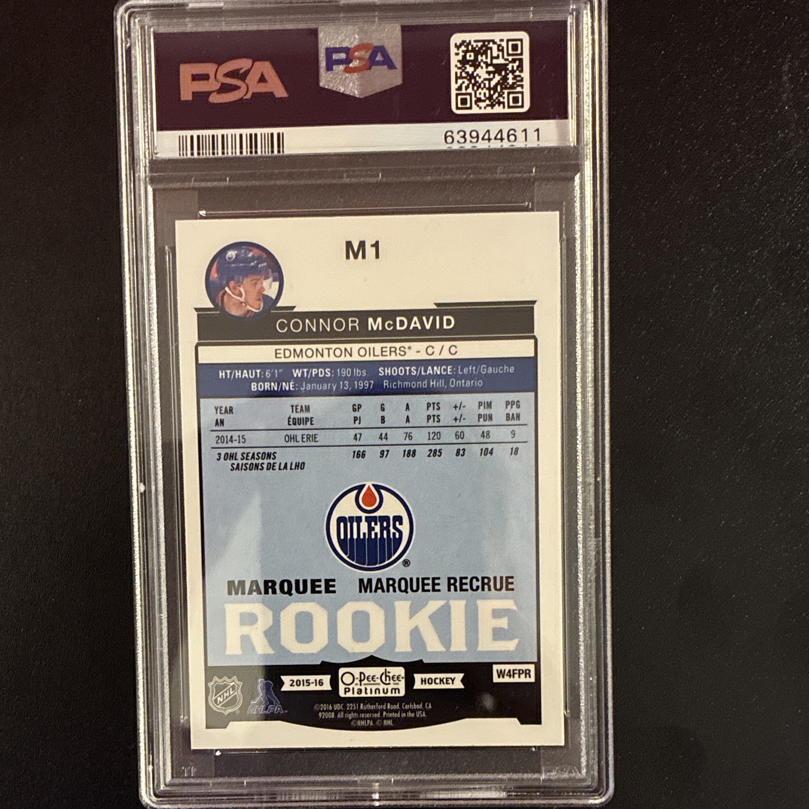O-Pee-Chee Platinum 2015-16 Connor McDavid #M1 Marquee Rookies PSA 10 view 2