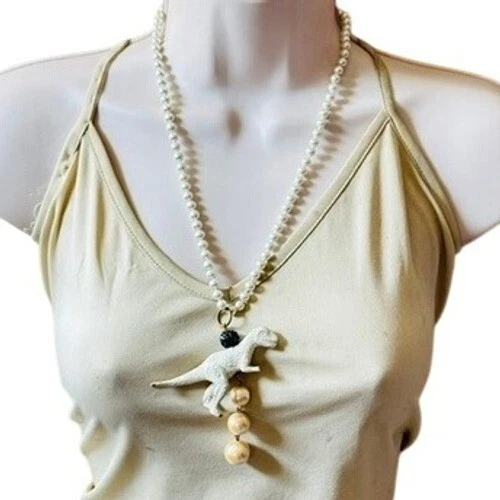 Lenora Dame signed T-Rex Necklace Pearl Dinosaur Statement Designer beaded 22" - Image 2 of 4