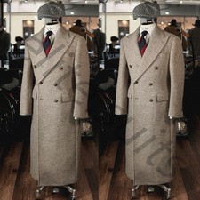 Vintage Wool Men's Overcoat Peak Lapel Double Breasted Outdoor Casual Long Coat