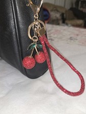 Red Cherries Rhinestone Crystal Handbag Accessory Charm Wriststrap Keychain