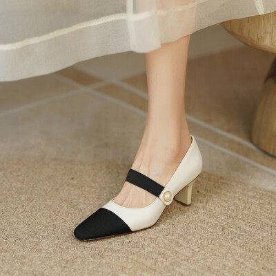 Womens 2022 Fashion Leather Two Tone Elastic Strap Mid Heel Mary Jane Shoes  | eBay