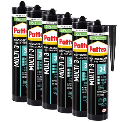 Pattex Montage Multi 3, 3in1 Montagekleber, starker Kraftkleber weiß, 6x390g
