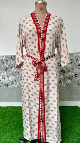 Indian White Floral Craps Silk Robe Long Kimono Women's Nightwear Gown Dress US - Picture 4 of 9