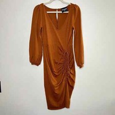 Kittenish Tie Scrunch Front Midi Sweater Dress V Neck Long Sleeve Keyhole Back