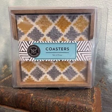 Modern Expressions Coasters Wood Back Faux Marble Design NIB 4" Sq Set of Four