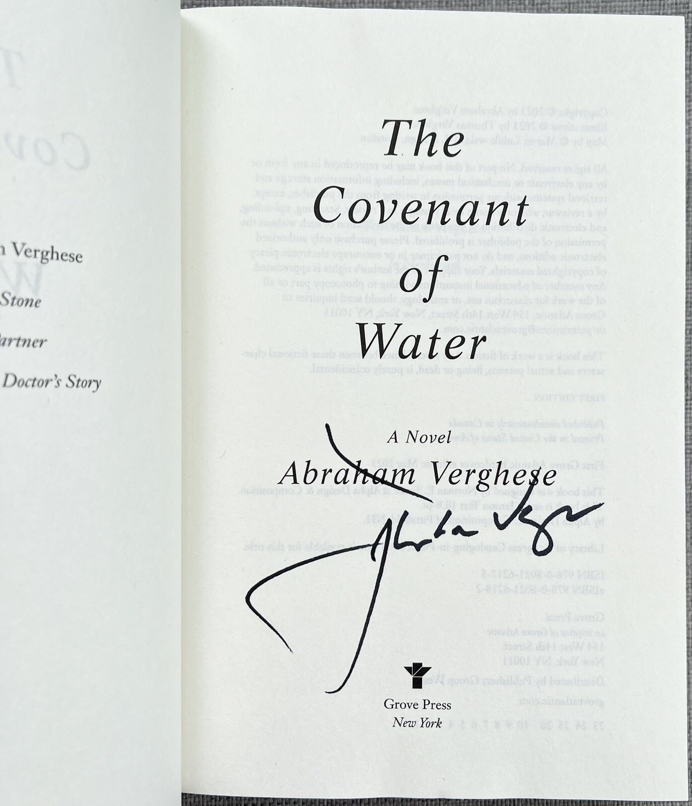 Abraham Verghese Signed IP The Covenant of Water 1st Ed HC Book w/ PROOF - Oprah