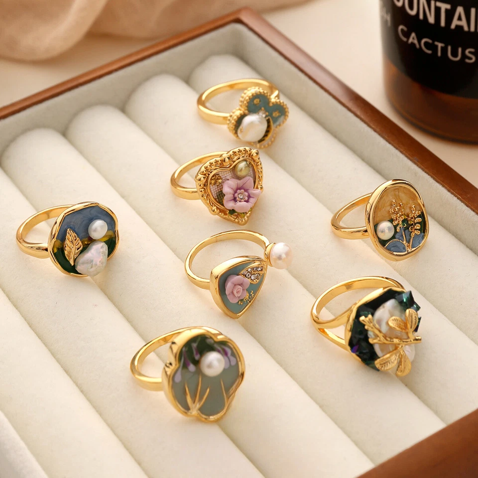 Anillo para mujer ajustable vintage G18k enchapado real esmalte flor perlas hecho a mano Foto 3 de 4