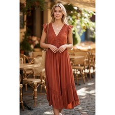 Anthropologie Solene Flutter Sleeve Orange Midi Dress Pockets Size 0 Petite