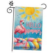 Hello Summer Flamingos Swimming Beach Garden Flag 12x18 inch Double Sided Blue
