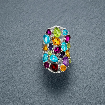 925 Sterling Silver Statement Multi-Gemstone Cluster Ring, Bold Cocktail Ring