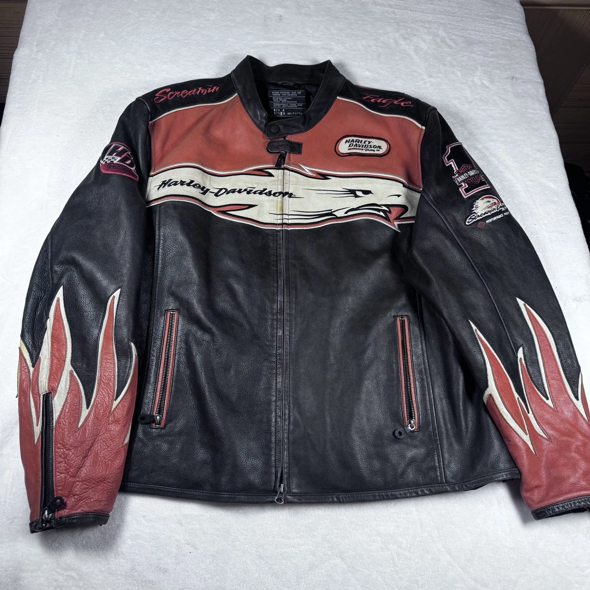 ジャケット・アウター Harley-Davidson Flame Leather Jacket vintage Vintage Harley Davidson Flame Embroidered Leather Jacket
