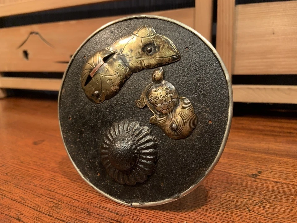 Cerradura de latón de hierro Meiji Nihonmatsu montaje cresta Tsurukame puerta gameto antigua JP Foto 4 de 4