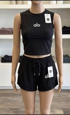 Alo Women's Black Activewear Set Crop Tank Shorts Regular Fit Pockets