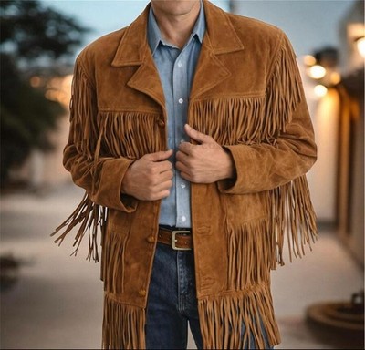 Handmade Western Cowboy Style Suede Leather Jacket Men s Buckskin Coat