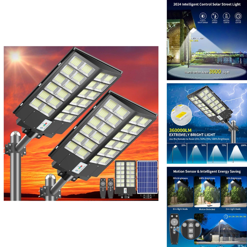 4800W 360000 Lumens IP66 Solar Flood Light Motion Sensor Remote Control 2 Pack - Image 1 of 4