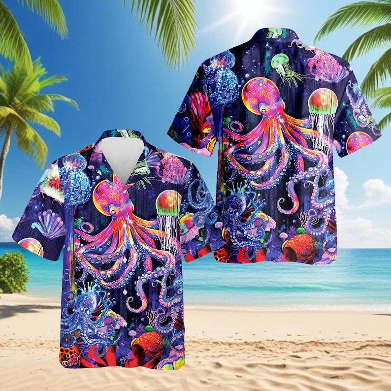 Octopus Hawaii Shirt Psychedelic Ocean Beach Vacation Aloha Mens Gift