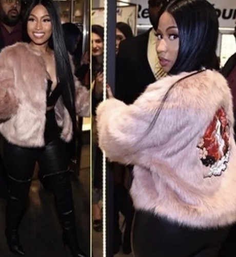 Rare H&M X Nicky Minaj Rose Pink Faux Fur Jacket Unicorn Patch Embroidery Sz 6 - Picture 2 of 8