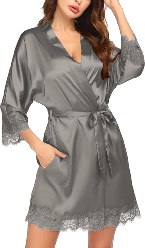 Women's Silk Satin Kimono Robe: Short, Lace Trim, 3/4 Sleeve for Bride & Lounge - Picture 26 of 32