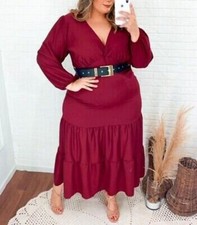 WOMEN PLUS SIZE SURPLICE NECK RUFFLE HEM BELTED RED MIDI DRESS (ONE SIZE PLUS)