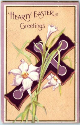 Postcard - Flowers and Cross Art Print - Hearty Easter Greetings