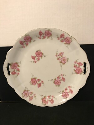 VINTAGE ALTROHLA AUSTRIA PORCELAIN PLATE  WITH PINK FLOWERS AND CUT OUR HANDLES