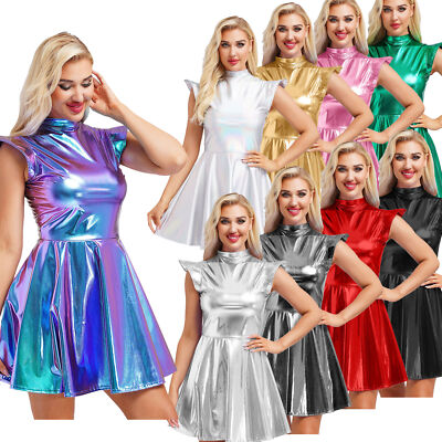 Women's Shiny Metallic Astronaut Alien Club Party Disco Holographic Dresses 