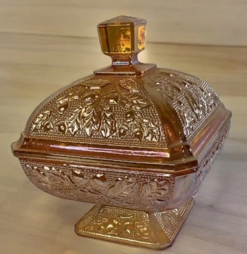 Vintage Carnival Glass Candy Dish Compote Jeanette Amberina Peach Acorn Pattern