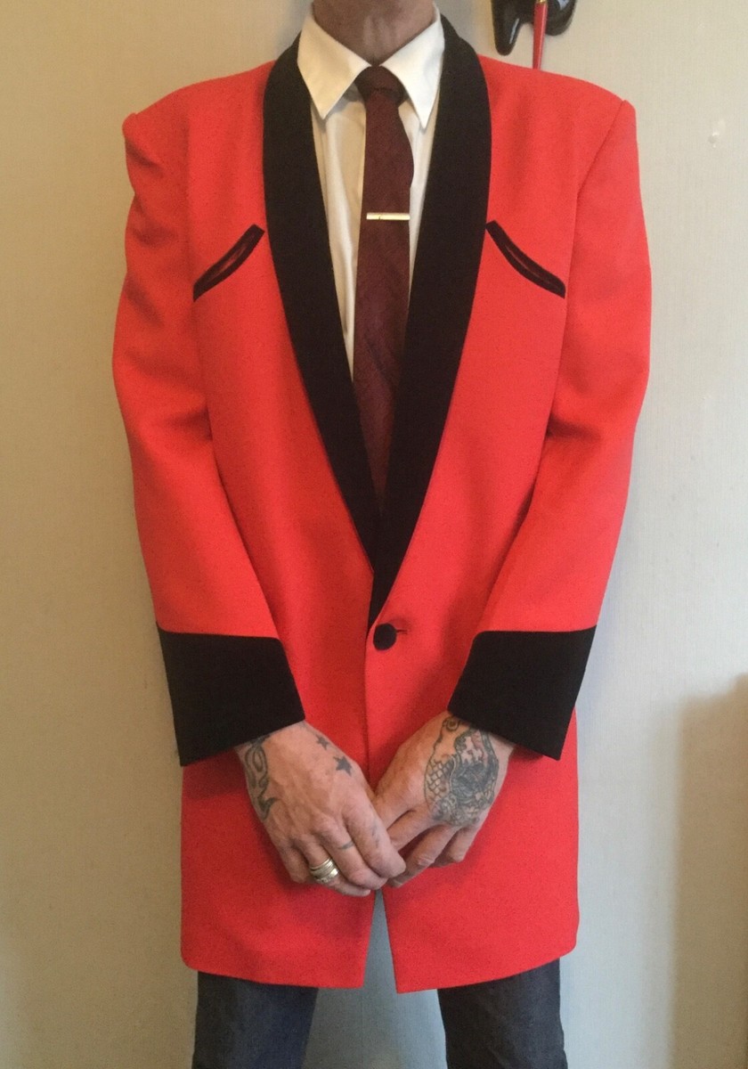 Giacca Drape Teddy Boy Blu Reale Con Collo In Velluto Nero - Taglia 52 (Chest 52) - Riproduzione Vintage