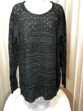 NY Collection Long Sleeve Pullover Sweater XL Round Neck Black Gold Womens