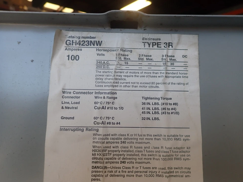 Murray ITE GH423NW 100 amp 240 volt 3R Outdoor Disconnect USED DIS1235 - Изображение 2 из 4