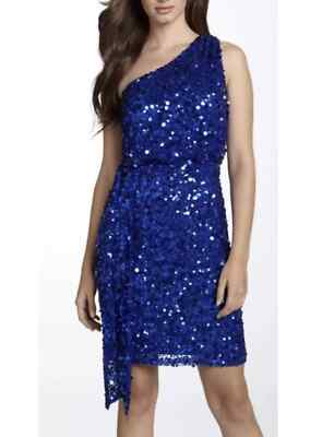 Aidan Mattox Cobalt Blue One Cold Shoulder Beaded Cocktail Dress Sequins  Size