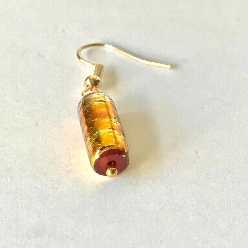 Orange Amber Murano Glass Earrings Bead Hand Painted Round Gold Plated - Image 4 of 4