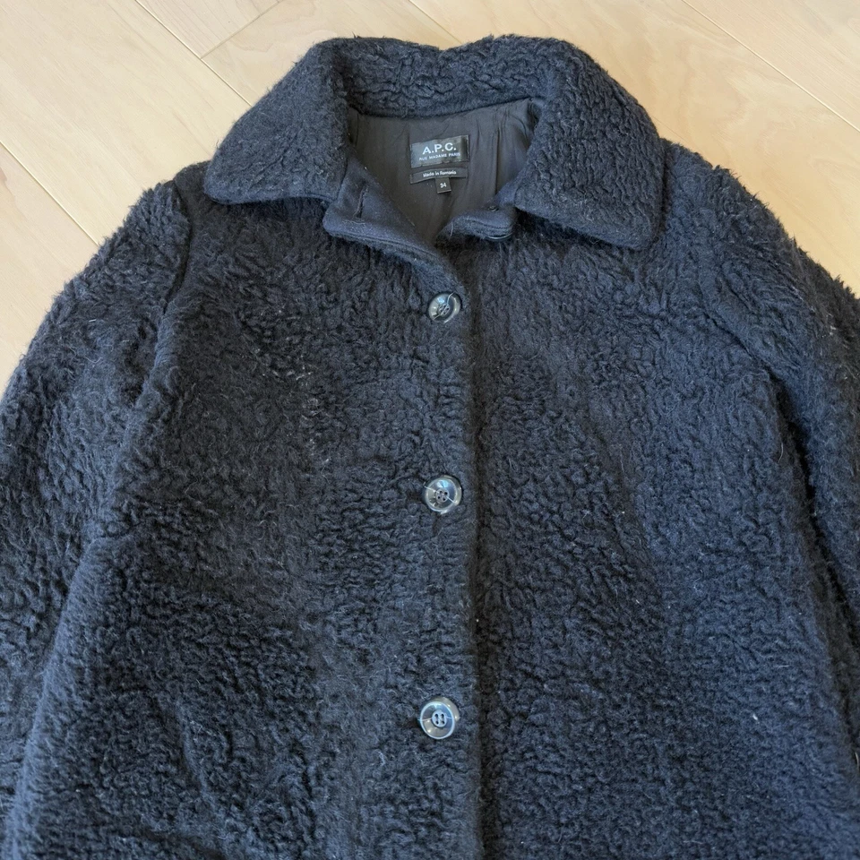 APC Shearling Jacket 34 Black Wool Cotton Long Tench Sherpa Outerwear New York - Image 3 of 4