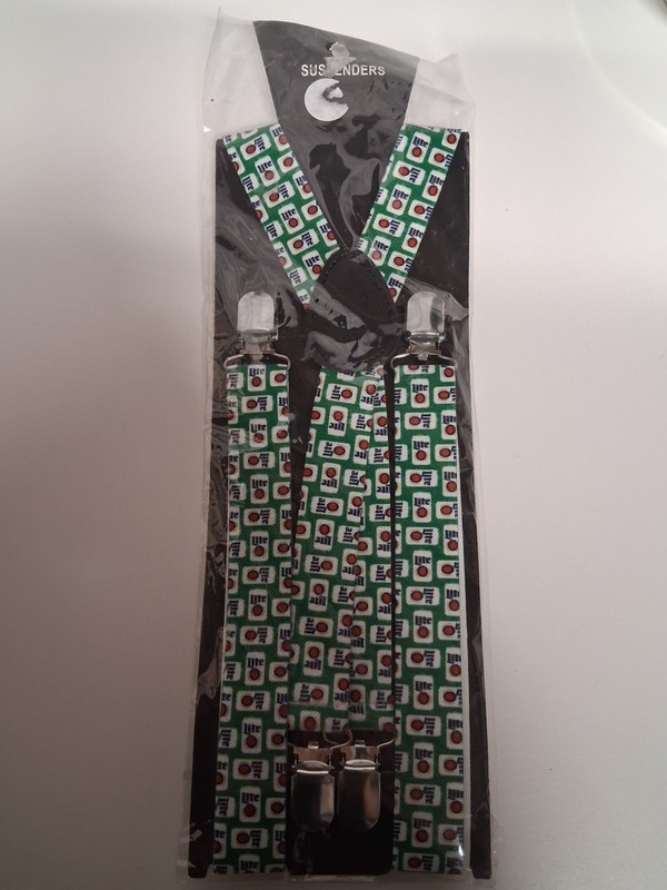 Men’s Green & White Logo Clip-On Suspenders, Elastic/Metal, Lite Beer